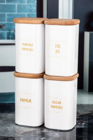 4'lü Ahşap Kapaklı Beyaz Kulak Pamuğu, Pamuk, Makyaj Pamuğu, Diş İpi Kavanozu Akrilik
