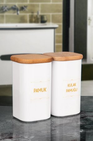 2'li Ahşap Kapaklı Beyaz Kulak Pamuğu, Pamuk, Makyaj Pamuğu, Diş İpi Kavanozu Akrilik