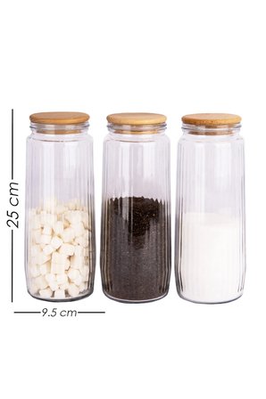 3 lü Ahşap Stantlı Jumbo Boy Ahşap Vakumlu Kapaklı Cam Erzak Kavanozu Saklama Kabı 1500 ML