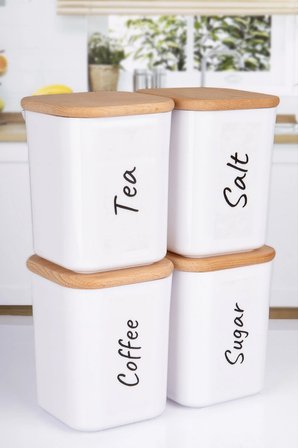 4'lü Ahşap Vakum Kapaklı Saklama Kabı Seti İngilizce Çay Şeker Kahve Tuz Akrilik Kavanoz 900 ml