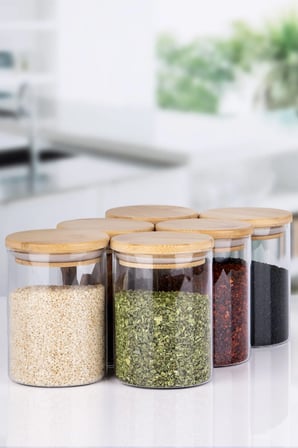 6 parça şeffaf etiketli vakumlu bambu kapaklı borosilikat cam baharatlık 200 ml
