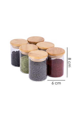 6 parça şeffaf etiketli vakumlu bambu kapaklı borosilikat cam baharatlık 200 ml