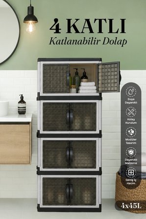 4 Katlı Katlanabilir Modüler Dolap – Ofis Kiler Banyo Mutfak Düzenleyici İstiflenebilir Çok Amaçlı Dolap 45 L