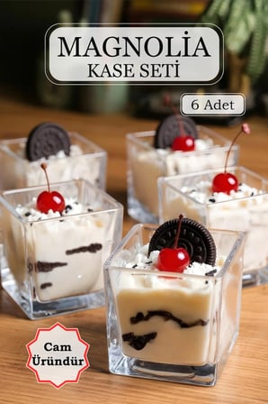 6'lı Kare Cam Magnolya Kasesi Seti – Puding Cup Dondurma Servis Sunum Magnolia Kase Takımı