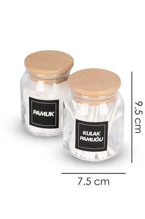 2li Ahşap Vakumlu Kapaklı Kulak Pamuğu Ve Pamuk Kavanozu Pamukluk 300 Ml