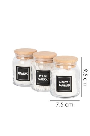 3'Lü Ahşap Vakumlu Kapaklı Kulak Pamuğu Makyaj Pamuğu Ve Pamuk Kavanozu Pamukluk Seti 300 Ml