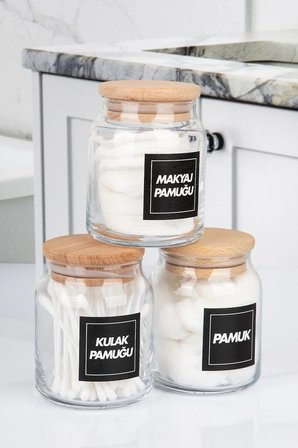 3'Lü Ahşap Vakumlu Kapaklı Kulak Pamuğu Makyaj Pamuğu Ve Pamuk Kavanozu Pamukluk Seti 300 Ml