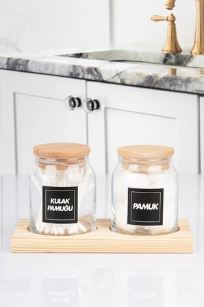 2'Li Ahşap Stantlı Vakumlu Kapaklı Kulak Pamuğu ve Pamuk Kavanozu Pamukluk Seti 300 Ml