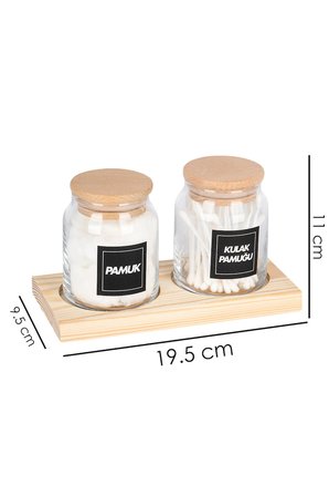 2'Li Ahşap Stantlı Vakumlu Kapaklı Kulak Pamuğu ve Pamuk Kavanozu Pamukluk Seti 300 Ml