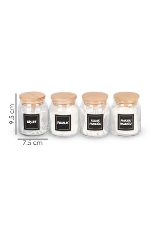4'lü Bambu Vakumlu Kapaklı Kulak Pamuğu Makyaj Pamuğu Diş İpi ve Pamuk Kavanozu Pamukluk Seti 300 Ml