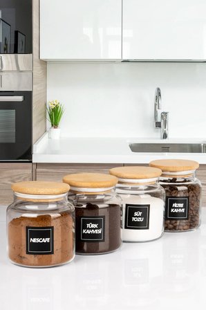 4'Lü Ahşap Vakumlu Kapaklı Filtre Kahve, Türk Kahvesi, Nescafe, Süt Tozu Kavanozu 600 Ml Cam Kavanoz