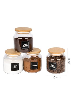 4'Lü Ahşap Vakumlu Kapaklı Filtre Kahve, Türk Kahvesi, Nescafe, Süt Tozu Kavanozu 600 Ml Cam Kavanoz