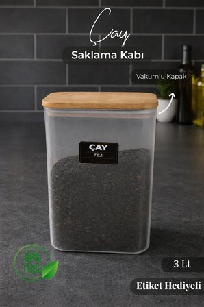 Ahşap Vakumlu Kapaklı Akrilik Çay Saklama Kavanozu Saklama Kabı ve Kutusu 3 Litre ETİKET HEDİYELİ