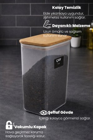 Ahşap Vakumlu Kapaklı Akrilik Çay Saklama Kavanozu Saklama Kabı ve Kutusu 3 Litre ETİKET HEDİYELİ