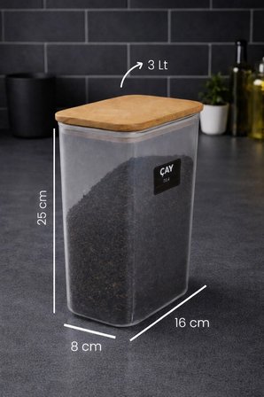 Ahşap Vakumlu Kapaklı Akrilik Çay Saklama Kavanozu Saklama Kabı ve Kutusu 3 Litre ETİKET HEDİYELİ
