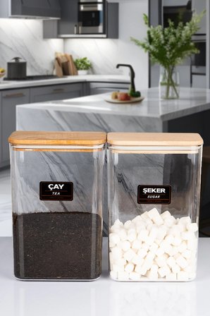 Ahşap Vakumlu Kapaklı Akrilik Çay Şeker Saklama Kavanozu Saklama Kabı ve Kutusu 3 Litre ETİKETLİ