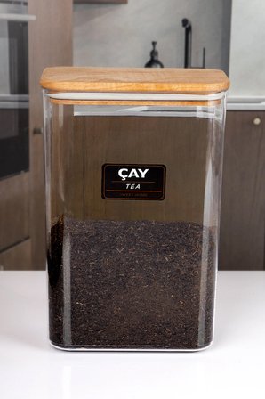Ahşap Vakumlu Kapaklı Akrilik Çay Şeker Saklama Kavanozu Saklama Kabı ve Kutusu 3 Litre ETİKETLİ