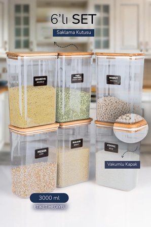 6 Lı Ahşap Vakumlu Kapaklı Erzak Saklama Kavanozu Saklama Kabı ve Kutusu 3 Litre ETİKETLİ