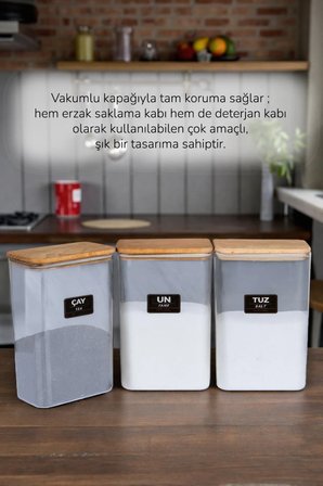 12 Lİ Ahşap Vakumlu Kapaklı Erzak Saklama Kavanozu Saklama Kabı ve Kutusu 3 Litre ETİKETLİ