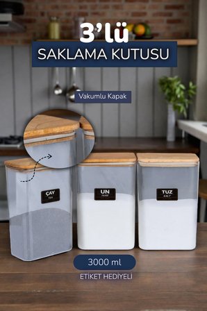 3 Lü Ahşap Vakumlu Kapaklı Akrilik Un Tuz Şeker Saklama Kavanozu Kabı ve Kutusu 3 Litre ETİKETLİ