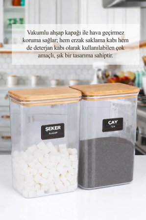 3 Lü Ahşap Vakumlu Kapaklı Akrilik Un Tuz Şeker Saklama Kavanozu Kabı ve Kutusu 3 Litre ETİKETLİ