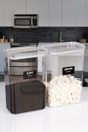 2'Lİ Vakumlu Kapaklı Akrilik Çay Şeker Saklama Kavanozu Kabı ve Kutusu 3 Litre ETİKETLİ