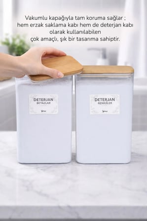 2 Adet Ahşap Vakumlu Kapaklı Toz Deterjan Kutusu Renkliler Beyazlar Etiketli 3 Litre