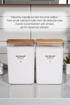 3 Adet Ahşap Vakumlu Kapaklı Tablet ve Deterjan Renkliler - Beyazlar Etiketli Kutu 3 Litre