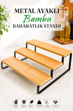 Metal Ayaklı Bambu Baharatlık Standı Tezgah Üstü Düzenleyici Stand