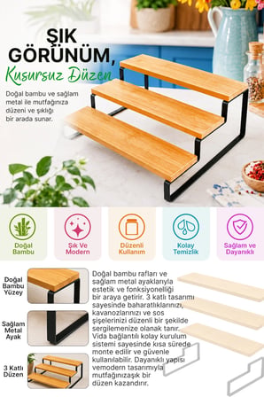 Metal Ayaklı Bambu Baharatlık Standı Tezgah Üstü Düzenleyici Stand