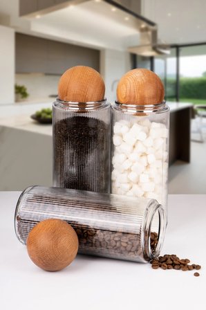 3 Lü Ahşap Top Kapaklı Dekoratif Çay, Kahve, Şeker, Tuz Saklama Kavanozu 1500 ML Cam