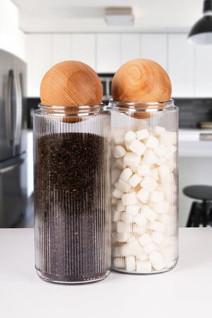3 Lü Ahşap Top Kapaklı Dekoratif Çay, Kahve, Şeker, Tuz Saklama Kavanozu 1500 ML Cam