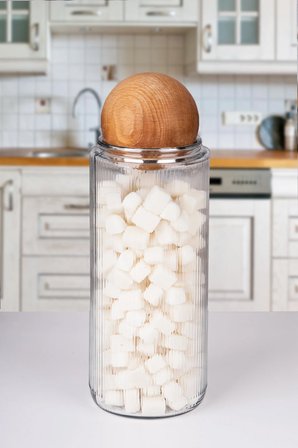 3 Lü Ahşap Top Kapaklı Dekoratif Çay, Kahve, Şeker, Tuz Saklama Kavanozu 1500 ML Cam