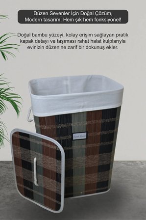 60 Lt Bambu Dikdörtgen Çamaşır Sepeti – Desenli Doğal Astarlı Banyo Dekoratif Çamaşırlık 40x30x60cm