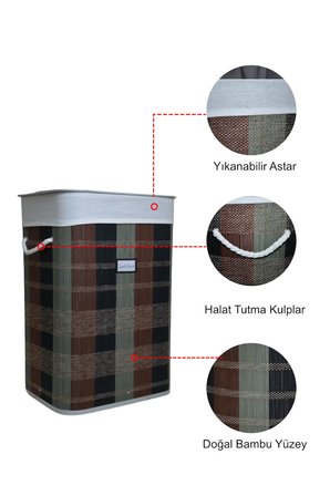 60 Lt Bambu Dikdörtgen Çamaşır Sepeti – Desenli Doğal Astarlı Banyo Dekoratif Çamaşırlık 40x30x60cm
