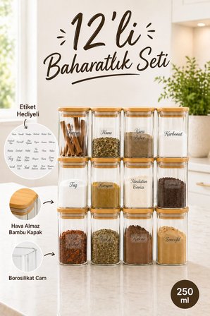 12'li Bambu Vakum Kapaklı Pinterest Tasarım Baharatlık Saklama Kabı - Borosilikat Cam Mini Kavanoz Seti 250 ml