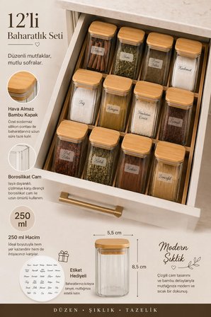 12'li Bambu Vakum Kapaklı Pinterest Tasarım Baharatlık Saklama Kabı - Borosilikat Cam Mini Kavanoz Seti 250 ml