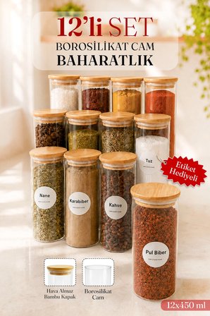 12 Adet Bambu Kapaklı Vakumlu Baharatlık Seti, Baharat Saklama Kavanozu