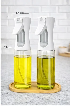 2'li Bambu Altlıklı Sprey Cam Yağdanlık - Airfryer Yağlık Fritöz Yağ Püskürtücü Beyaz 300 Ml Şeffaf