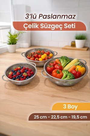 3’lü Paslanmaz Çelik Kulplu Tel Süzgeç Seti - Çok Amaçlı Makarna Meyve Sebze Süzgeci Un Eleği