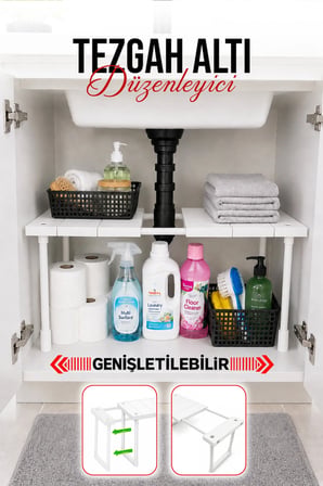 Ayarlanabilir Genişletilebilir Tezgah Altı Düzenleyici Raf Banyo Mutfak Dolap Organizeri Deterjanlık