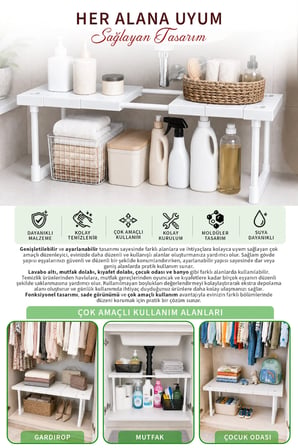 Ayarlanabilir Genişletilebilir Tezgah Altı Düzenleyici Raf Banyo Mutfak Dolap Organizeri Deterjanlık