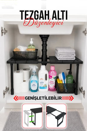 Ayarlanabilir Genişletilebilir Tezgah Altı Düzenleyici Raf Banyo Mutfak Dolap Organizeri Deterjanlık