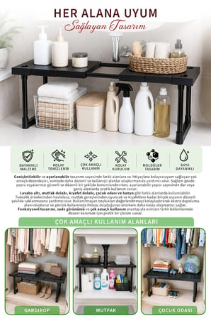 Ayarlanabilir Genişletilebilir Tezgah Altı Düzenleyici Raf Banyo Mutfak Dolap Organizeri Deterjanlık