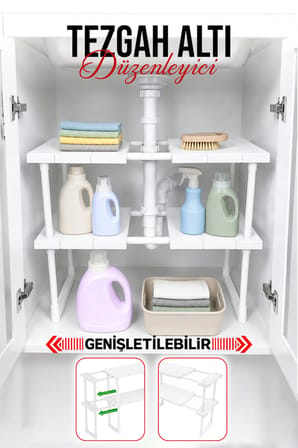 2 Katlı Ayarlanabilir Genişletilebilir Tezgahaltı Düzenleyici Raf Banyo Mutfak Organizer Deterjanlık