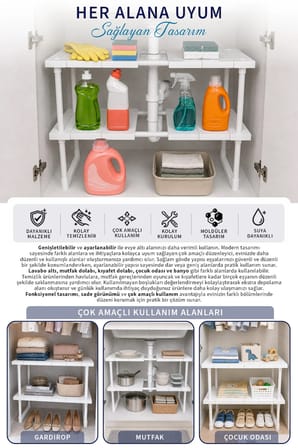 2 Katlı Ayarlanabilir Genişletilebilir Tezgahaltı Düzenleyici Raf Banyo Mutfak Organizer Deterjanlık