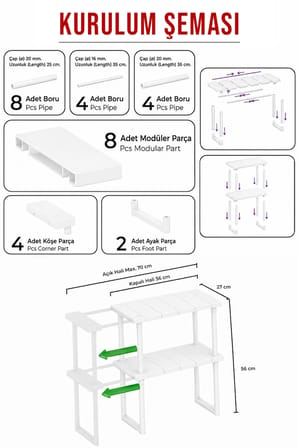 2 Katlı Ayarlanabilir Genişletilebilir Tezgahaltı Düzenleyici Raf Banyo Mutfak Organizer Deterjanlık