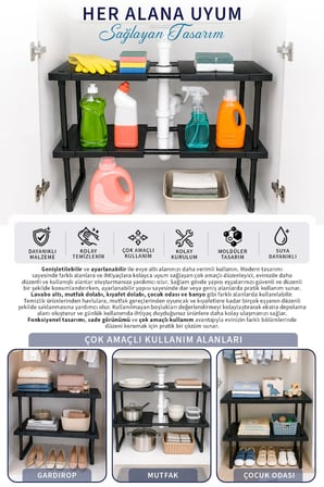 2 Katlı Ayarlanabilir Genişletilebilir Tezgahaltı Düzenleyici Raf Banyo Mutfak Organizer Deterjanlık