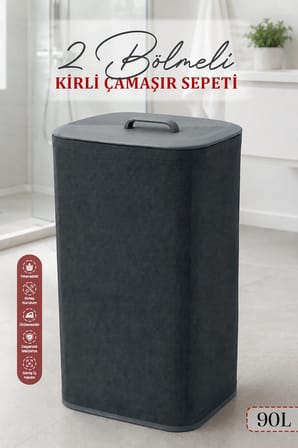 2 Bölmeli Kirli Çamaşır Sepeti Yıkanabilir 90 LT - Büyük Boy Katlanabilir Kirli Sepeti