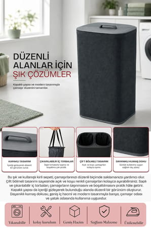 2 Bölmeli Kirli Çamaşır Sepeti Yıkanabilir 90 LT - Büyük Boy Katlanabilir Kirli Sepeti